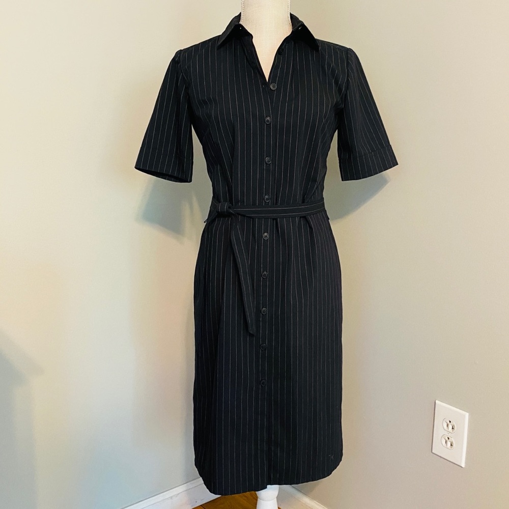 LOFT Black Pinstripe Shirt Midi Dress